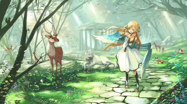 Anime picture 1200x666 with original igarashi youhei single long hair open mouth blonde hair smile wide image standing holding full body outdoors wind pointy ears sunlight angel wings sunbeam nature angel playing instrument