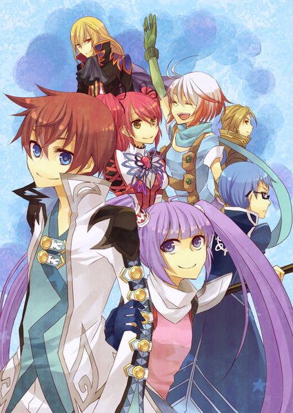 Anime picture 1074x1516 with tales of graces sophie (tales) asbel lhant cheria barnes richard (tales) pascal hubert ozwell malik caesars long hair tall image short hair open mouth blue eyes blonde hair smile red eyes brown hair purple eyes twintails multiple girls