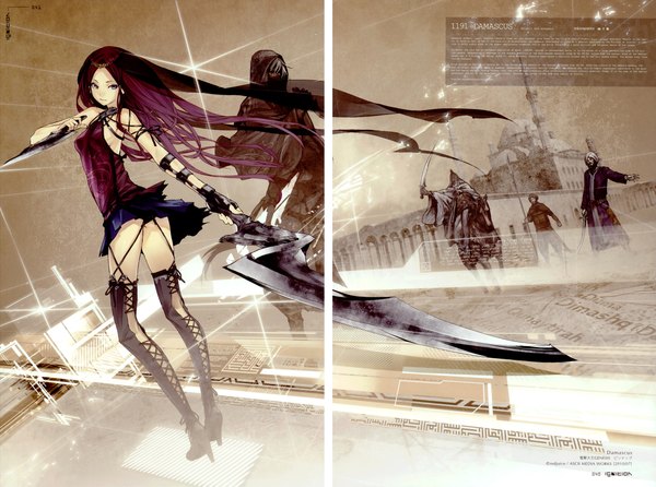 Anime picture 4701x3498 with ignition (artbook) redjuice long hair highres absurdres purple hair scan girl thighhighs dress boy skirt weapon sword thigh boots huge weapon huge sword
