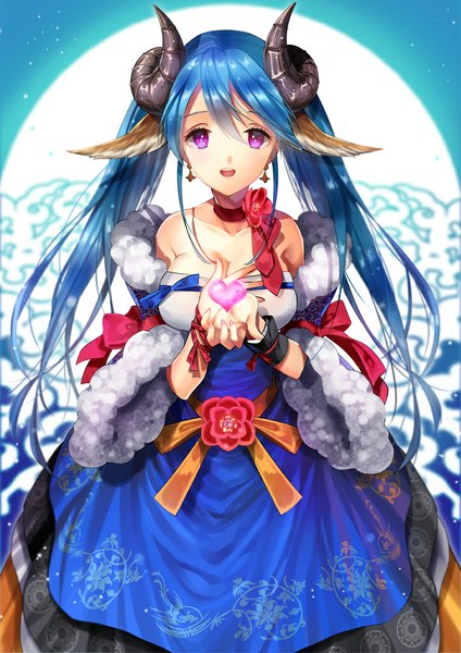Anime picture 723x1023 with sword girls luthica preventer seelun single long hair tall image looking at viewer breasts open mouth smile large breasts twintails bare shoulders animal ears blue hair sky cloud (clouds) long sleeves pink eyes horn (horns)