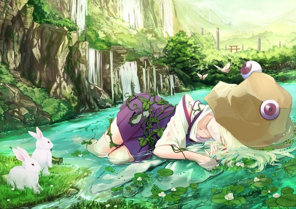 Anime picture 1414x1000 with touhou moriya suwako cloudy.r single long hair blonde hair lying eyes closed traditional clothes midriff sleeping waterfall girl dress flower (flowers) plant (plants) hat animal tree (trees) water