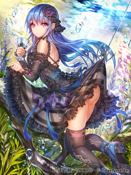 Anime picture 600x800 with original interitio long hair tall image fringe light erotic holding blue hair bent knee (knees) ass pink eyes multicolored hair gradient hair underwater gothic thighhighs dress hair ornament bow ribbon (ribbons)