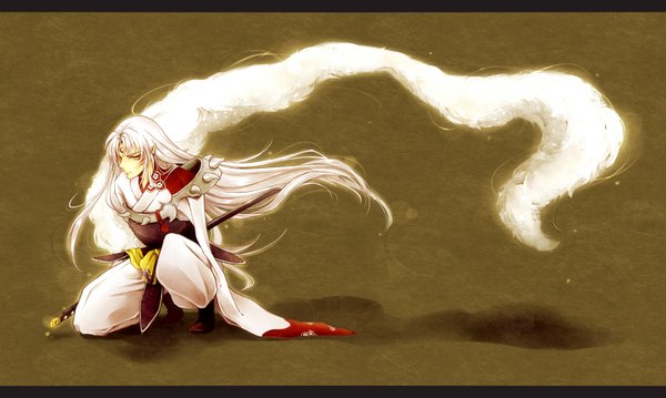 Anime picture 1920x1150 with inuyasha sesshomaru goldencat12 single long hair highres wide image white hair pointy ears facial mark face paint boy weapon sword armor katana fur