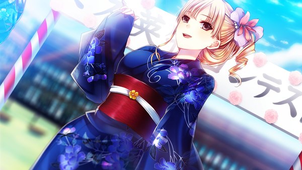 Anime picture 1280x720 with ayame no machi to ohimesama kazuharu kina single short hair open mouth blonde hair wide image brown eyes game cg traditional clothes japanese clothes alternate hairstyle hair up girl hair ornament obi yukata