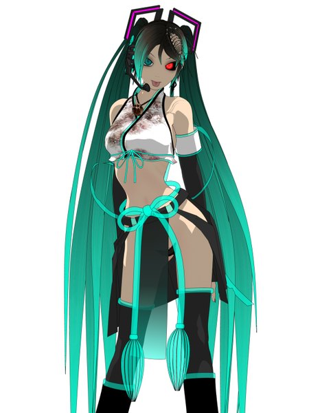 Anime picture 1125x1500 with vocaloid hatsune miku maeda koutarou tall image simple background red eyes white background twintails very long hair aqua eyes aqua hair heterochromia :p girl thighhighs hair ornament black thighhighs