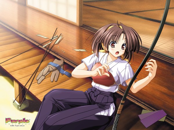 Anime picture 1600x1200 with natsuiro komachi purple software ariga miki tsukimori hiro single blush short hair open mouth red eyes brown hair sitting looking away traditional clothes japanese clothes girl gloves weapon hairband armor bow (weapon)