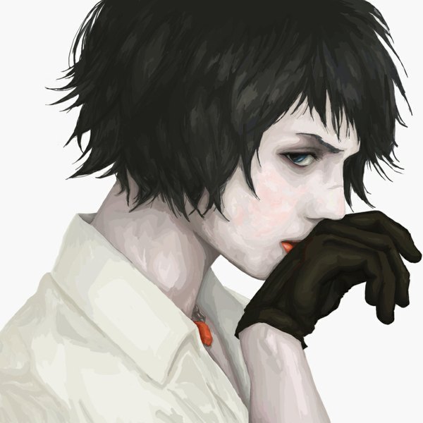 Anime picture 1000x1000 with devil may cry lady (devil may cry) pekanpeka single short hair blue eyes black hair simple background white background profile scar girl gloves pendant