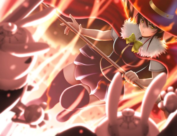 Anime picture 1300x1000 with witch craft works j.c. staff kagari ayaka siraha single long hair looking at viewer brown hair yellow eyes dutch angle girl thighhighs skirt uniform black thighhighs school uniform miniskirt animal cape witch hat