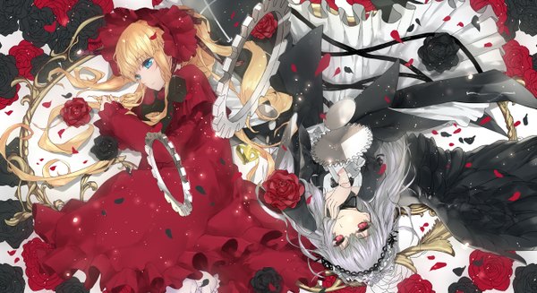 Anime picture 1375x750 with rozen maiden suigintou shinku yamato (artist) long hair blue eyes blonde hair red eyes wide image multiple girls silver hair lying loli lolita fashion girl dress flower (flowers) 2 girls petals wings