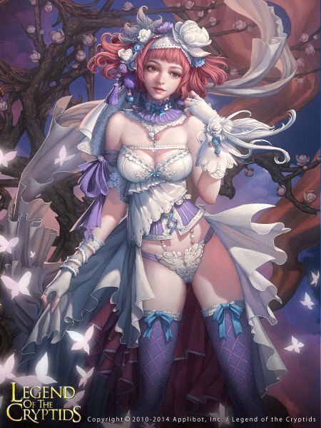 Anime picture 900x1200 with legend of the cryptids nathalia (legend of the cryptids) lange cglange single tall image fringe short hair breasts blue eyes light erotic large breasts bare shoulders looking away pink hair cleavage copyright name girl thighhighs gloves