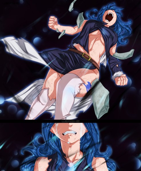 Anime picture 1481x1800 with fairy tail juvia lockser wershe single long hair tall image open mouth light erotic blue hair tattoo tears coloring torn clothes crying screaming manga girl thighhighs dress white thighhighs