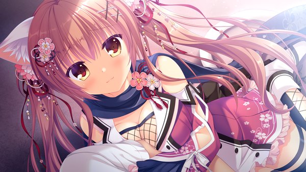 Anime picture 1920x1080 with neko-nin exheart fuuma yura takano yuki (allegro mistic) long hair looking at viewer blush highres breasts light erotic brown hair wide image large breasts twintails brown eyes animal ears payot game cg bent knee (knees) tail animal tail