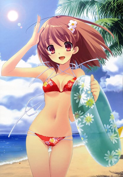 Anime picture 4071x5869 with flyable heart inaba yui itou noiji single tall image blush highres short hair open mouth light erotic red eyes brown hair absurdres sky hair flower official art beach ass visible through thighs salute girl
