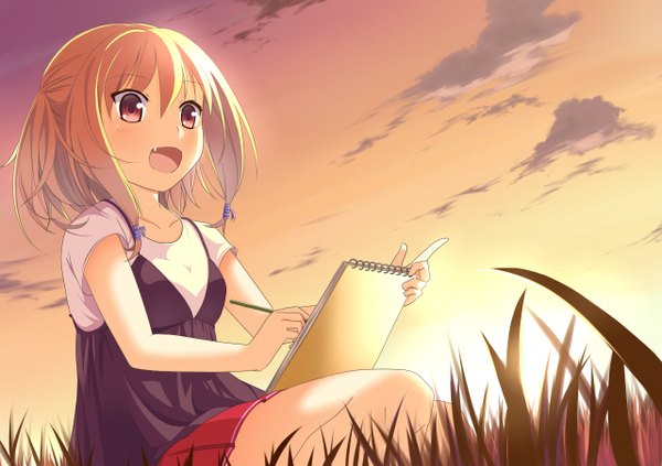 Anime picture 1280x904 with original aoki minami (+box) single blush short hair open mouth blonde hair red eyes sky cloud (clouds) teeth fang (fangs) evening sunset girl dress plant (plants) grass