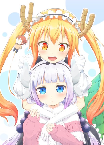Anime picture 1295x1812 with kobayashi-san chi no maidragon kyoto animation kanna kamui tooru (maidragon) kobayashi (maidragon) kanchan (kanchan220) long hair tall image looking at viewer fringe open mouth blue eyes blonde hair smile twintails multiple girls silver hair purple hair tail :d