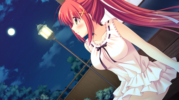 Anime picture 1280x720 with natsu koi high pressure nanase hikari ayamisiro single long hair blush breasts smile wide image large breasts sitting brown eyes game cg cloud (clouds) ponytail red hair profile night arm support night sky