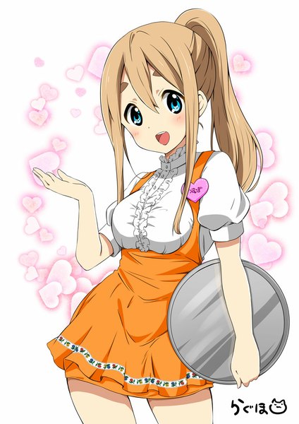 Anime picture 800x1131 with k-on! kyoto animation kotobuki tsumugi ragho no erika single long hair tall image looking at viewer blush open mouth blue eyes blonde hair ponytail waitress girl dress heart buttons blouse tray