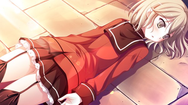 Anime picture 1280x720 with witch's garden saimon eclair ko~cha single short hair blonde hair wide image brown eyes game cg lying girl thighhighs skirt uniform black thighhighs school uniform miniskirt