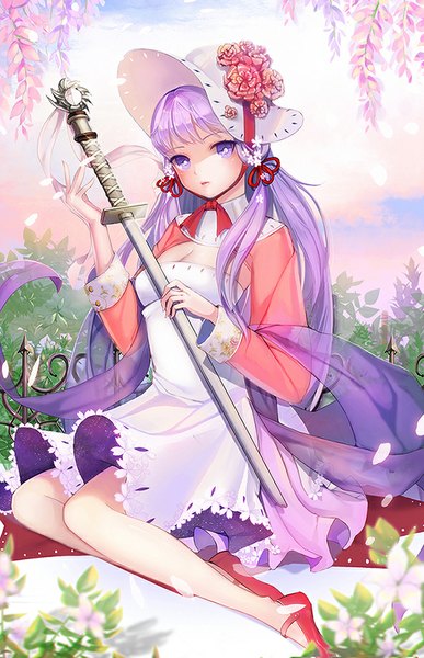 Anime picture 600x930 with sword girls crux knight pintail (sword girls) emyo single long hair tall image looking at viewer blush fringe breasts sitting purple eyes twintails sky purple hair cloud (clouds) bent knee (knees) hair flower girl dress