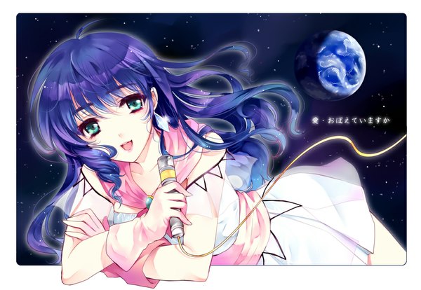 Anime picture 1000x690 with macross lynn minmay mizunomoto single long hair looking at viewer open mouth blue eyes blue hair space girl dress microphone earth