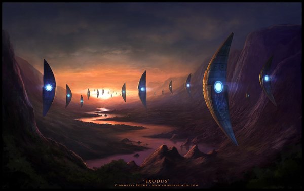 Anime picture 1470x926 with original andreasrocha sky border evening sunset flying landscape river science fiction aircraft airship