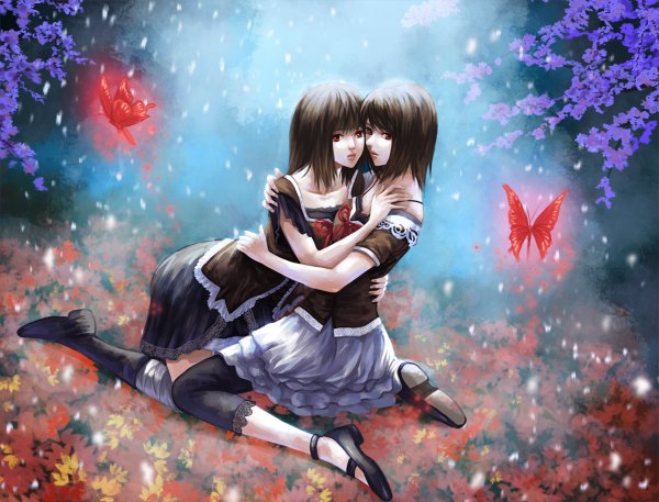 Anime picture 1200x914 with fatal frame fatal frame 2 amakura mio amakura mayu pengnangehao short hair black hair red eyes multiple girls hug girl dress 2 girls shoes boots leaf (leaves) insect butterfly