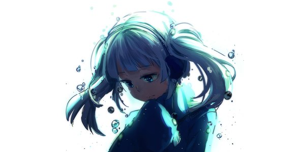 Anime picture 1000x500 with kagerou project shaft (studio) ene (kagerou project) rosuuri single long hair blue eyes simple background wide image twintails blue hair girl bubble (bubbles)