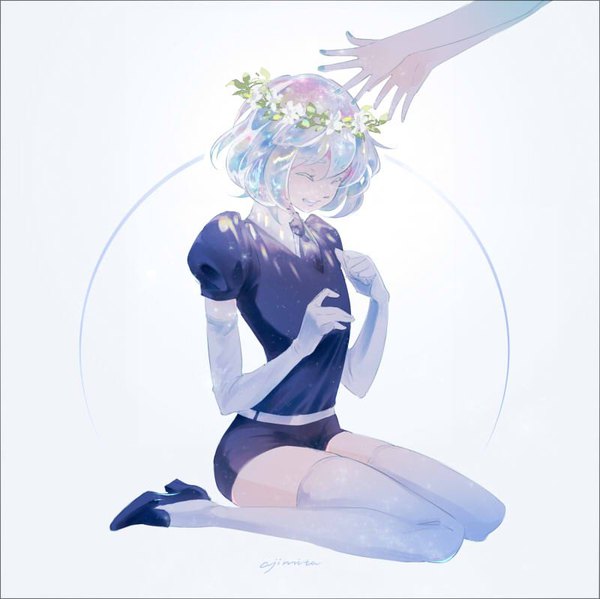 Anime picture 800x799 with houseki no kuni diamond (houseki no kuni) ajimita short hair open mouth simple background white background sitting signed silver hair eyes closed nail polish wariza solo focus ^ ^ shiny androgynous thighhighs gloves white thighhighs