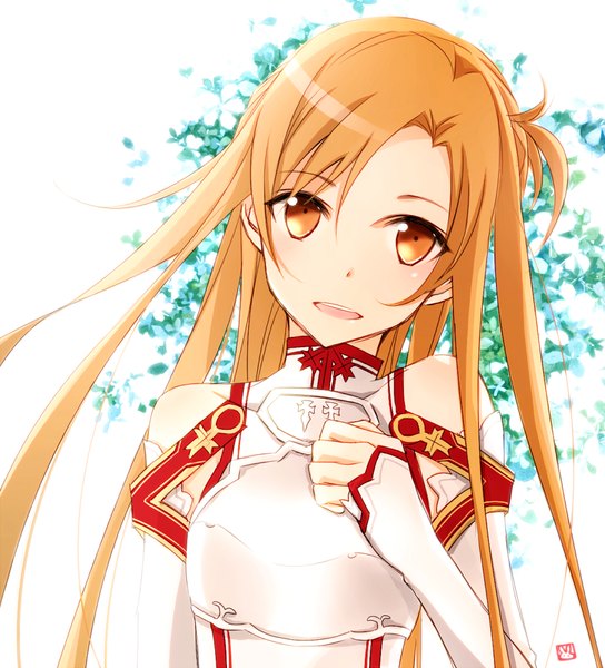 Anime picture 800x882 with sword art online a-1 pictures yuuki asuna tsukimori usako single long hair tall image looking at viewer fringe open mouth smile brown hair bare shoulders brown eyes upper body head tilt hand on chest floral background girl detached sleeves