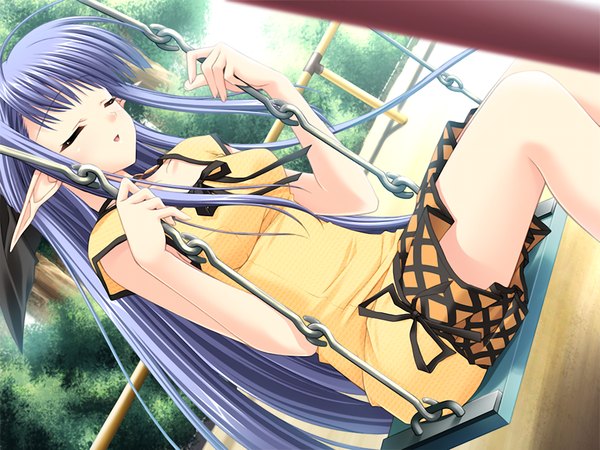 Anime picture 1024x768 with shuffle! nerine single long hair blue hair game cg eyes closed pointy ears grey hair girl