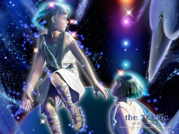 Anime picture 1600x1200 with kagaya short hair sky green hair realistic night night sky 3d boy animal bird (birds) star (stars) swan