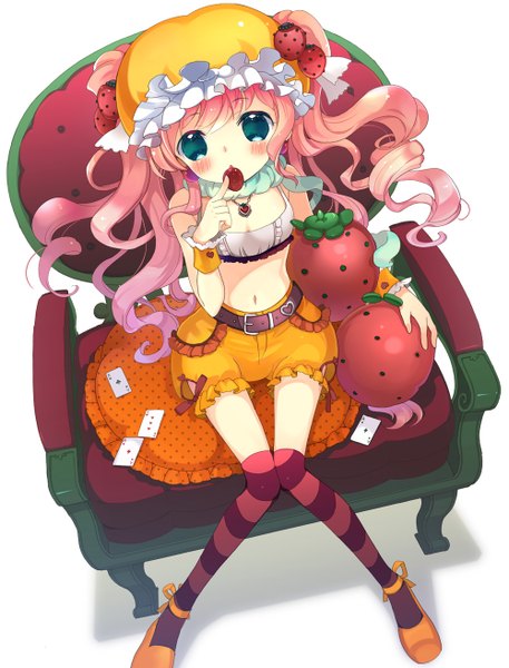 Anime picture 1000x1312 with original takeda mika single long hair tall image blush sitting twintails green eyes pink hair bare belly food in mouth girl thighhighs navel food shorts wrist cuffs striped thighhighs bonnet