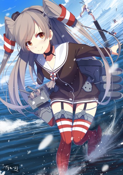 Anime picture 800x1131 with kantai collection shimakaze destroyer rensouhou-chan amatsukaze destroyer rensouhou-kun riki-to long hair tall image looking at viewer blush light erotic smile multiple girls brown eyes sky cloud (clouds) grey hair sunlight two side up back
