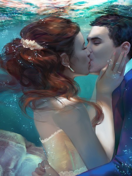 Anime picture 1512x2016 with original j-witless long hair tall image short hair black hair brown hair bare shoulders eyes closed nail polish realistic hug underwater kiss girl dress boy hair ornament water white dress