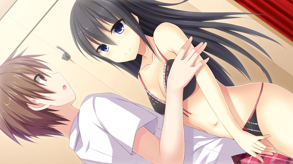 Anime picture 2560x1440 with otonari koi sensou! aoi suzuka long hair fringe highres short hair blue eyes light erotic black hair hair between eyes brown hair wide image standing game cg profile dutch angle couple underwear only girl boy