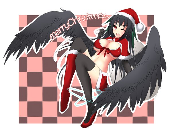 Anime picture 2000x1600 with touhou reiuji utsuho gmot single long hair blush highres breasts open mouth light erotic black hair red eyes large breasts one eye closed wink fur trim christmas merry christmas girl thighhighs