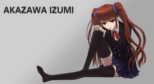 Anime picture 1500x825 with another p.a. works akazawa izumi ??? (artist) single long hair simple background brown hair wide image twintails brown eyes girl thighhighs skirt uniform ribbon (ribbons) black thighhighs hair ribbon school uniform miniskirt