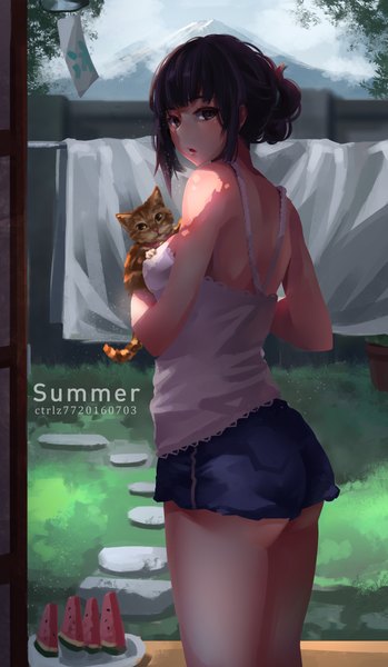 Anime picture 2390x4107 with original ctrlz77 single tall image highres short hair open mouth light erotic black hair looking back black eyes girl animal food shorts short shorts cat berry (berries) watermelon