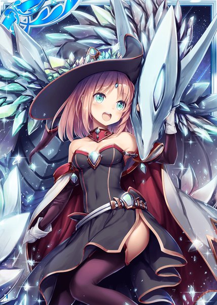 Anime picture 640x896 with shinkai no valkyrie azurite (shinkai no valkyrie) akkijin single tall image blush short hair open mouth smile bare shoulders looking away pink hair cleavage :d aqua eyes sparkle covered navel card (medium) fantasy witch