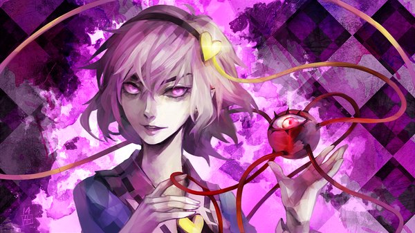 Anime picture 1052x591 with touhou komeiji satori arlmuffin single looking at viewer fringe short hair smile wide image pink hair parted lips pink eyes pointy ears glowing glowing eye (eyes) rhombus girl heart eyeball