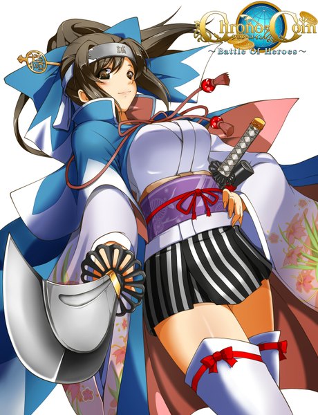 Anime picture 1280x1670 with chrono coin miyabi (miura105) single long hair tall image blush black hair brown eyes ponytail traditional clothes japanese clothes girl thighhighs hair ornament weapon white thighhighs sword kimono katana obi