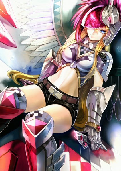 Anime picture 800x1131 with original kosuke single long hair tall image looking at viewer blue eyes blonde hair smile sitting midriff dutch angle checkered mechanical wings girl wings shorts belt armor short shorts
