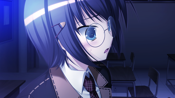 Anime picture 2560x1440 with shinigami no testament makita maki highres short hair open mouth blue eyes black hair wide image game cg girl uniform school uniform glasses