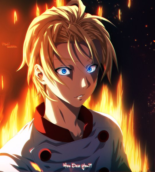 Anime picture 1350x1500 with shokugeki no soma j.c. staff takumi aldini eroishi single tall image short hair blue eyes blonde hair inscription coloring portrait boy fire