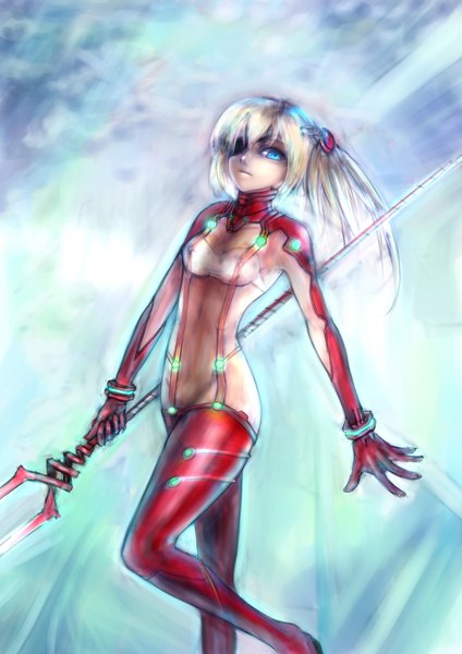 Anime picture 1414x2000 with neon genesis evangelion gainax soryu asuka langley girlsay single tall image blue eyes blonde hair blue background girl weapon bodysuit eyepatch pilot suit