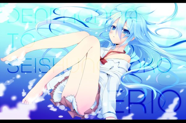 Anime picture 1200x797 with denpa onna to seishun otoko shaft (studio) touwa erio koikawa minoru long hair blue eyes bare shoulders blue hair barefoot aqua hair legs underwater girl skirt miniskirt shirt white shirt