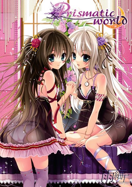 Anime picture 2476x3500 with prismatic world (artbook) shiramori yuse long hair tall image blush highres blue eyes light erotic black hair sitting bare shoulders multiple girls white hair hair flower scan inscription pantyshot holding hands girl thighhighs