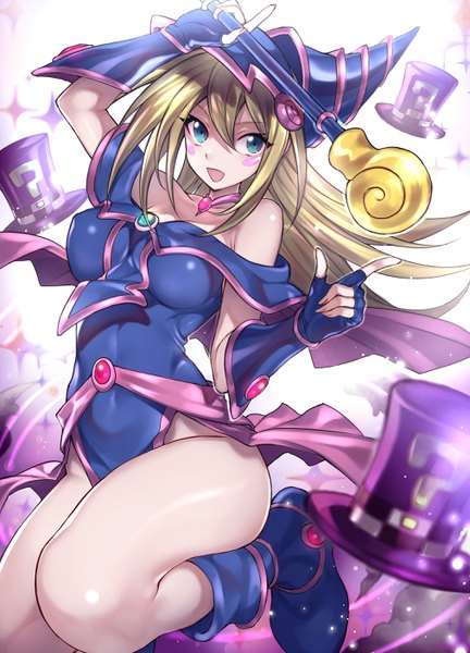Anime picture 2024x2807 with yu-gi-oh! yu-gi-oh! duel monsters dark magician girl maruchi single long hair tall image looking at viewer fringe highres breasts open mouth light erotic blonde hair hair between eyes large breasts bare shoulders holding bent knee (knees) :d