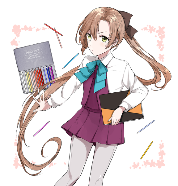 Anime picture 1200x1250 with kantai collection akigumo destroyer morinaga (harumori) single tall image looking at viewer brown hair white background green eyes ponytail very long hair outstretched arm girl uniform school uniform pantyhose sketchbook crayon