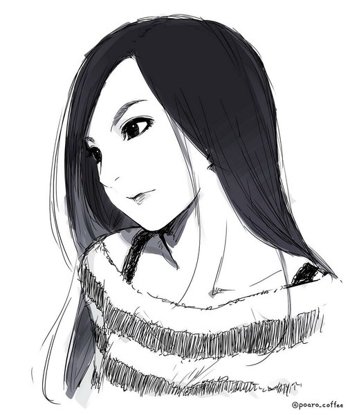 Anime picture 1023x1183 with original poaro single long hair tall image white background signed looking away turning head monochrome portrait striped girl sweater